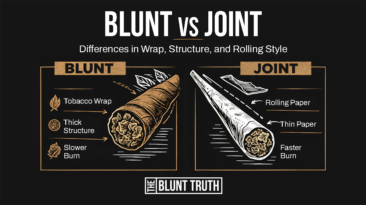 Blunt vs joint comparison showing a tobacco leaf blunt wrap and a rolling paper joint.