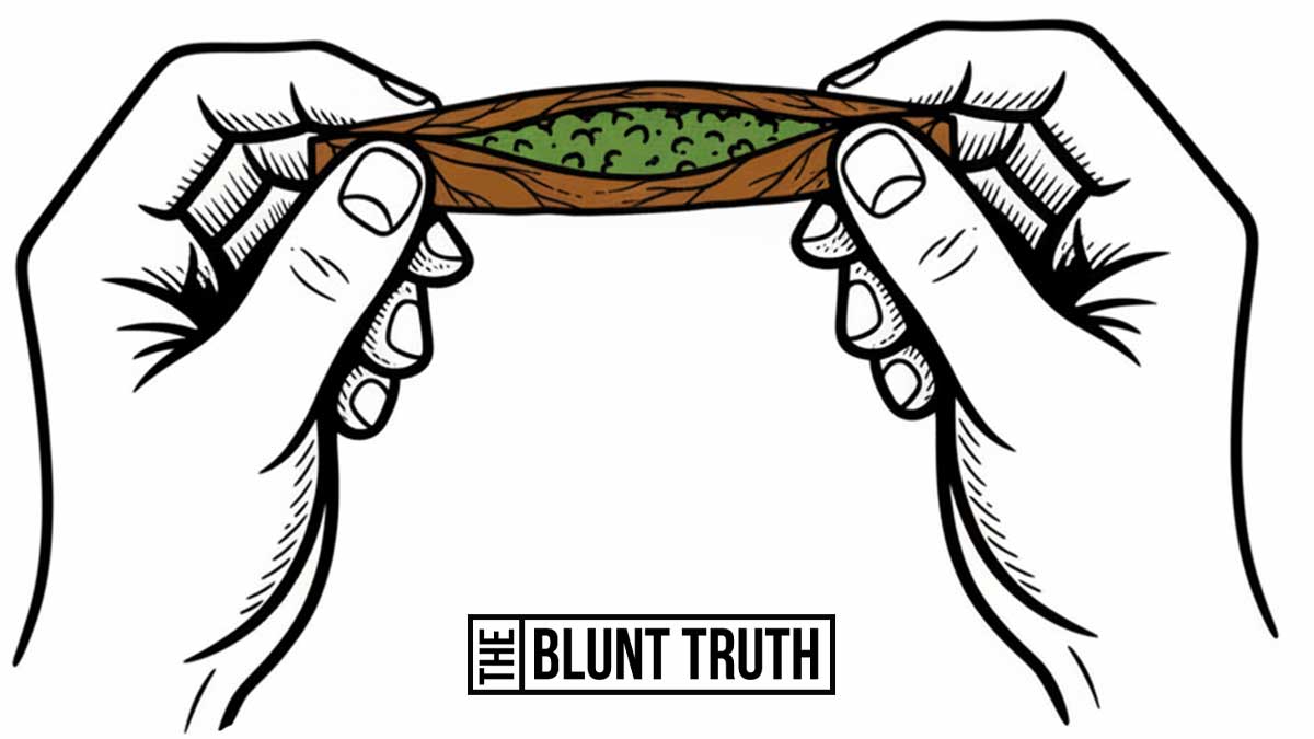 Rolling a blunt step-by-step - hands shaping cannabis and wrap into a tight cylinder for even structure