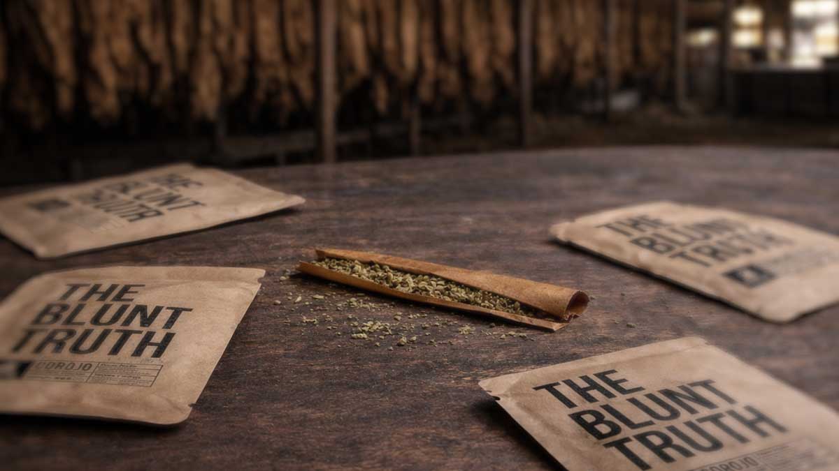 Natural tobacco leaf blunt wrap filled with cannabis on a wooden sorting table with The Blunt Truth kraft pouches in a tobacco curing barn.
