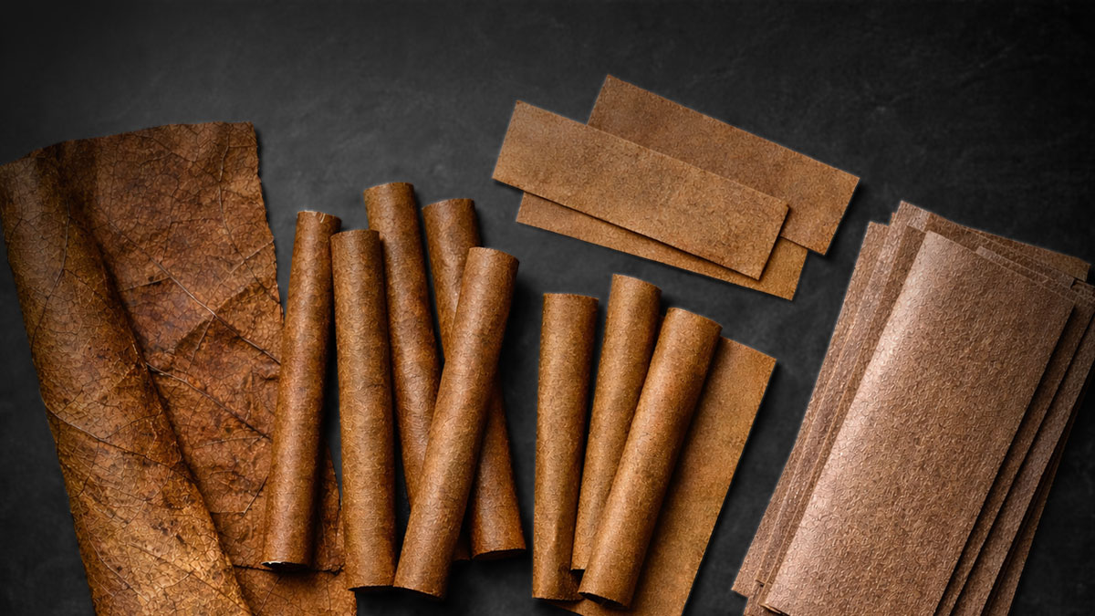 Types of blunt wraps including natural tobacco leaf wrap, homogenized wrap, and pre-cut blunt wraps on a dark surface