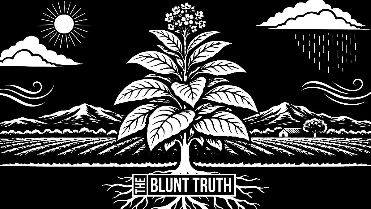 tobacco plant growing in farmland with sun rain wind mountains and soil roots illustration